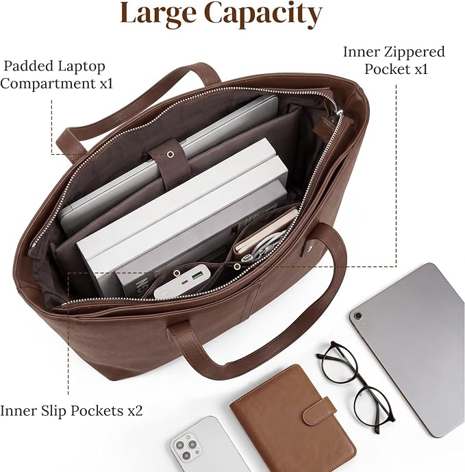 S-ZONE Tote Bag for Women Work Purses Handbags Luggage Strap Large Travel | Padded Laptop Compartment, Multi Pockets, Vegan Leather, Bottom Metal Rivet, Commuting Office Teacher - Image 6
