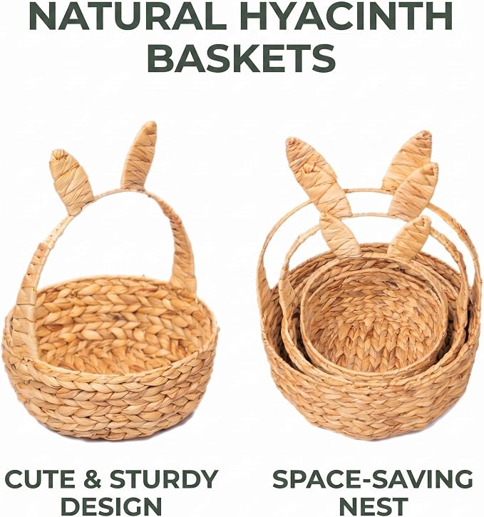 NAYA Set of 3 (14.2",11.8"&9.5") Kids Water Hyacinth Storage Baskets | Handwoven water hyacinth basket design for toys, books and nursery organization. - Image 2