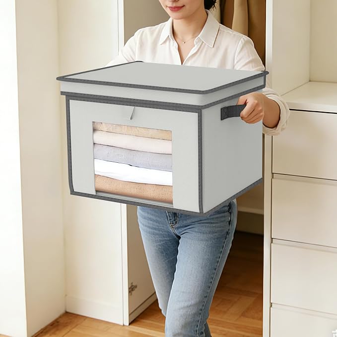 Univivi Front Opening Storage Bins with Lids for Home, Gray, 4 Pack | Foldable Fabric Storage Boxes, Large Closet Organizers and Storage with Clear Window & Handles for Clothing Storage - Image 5