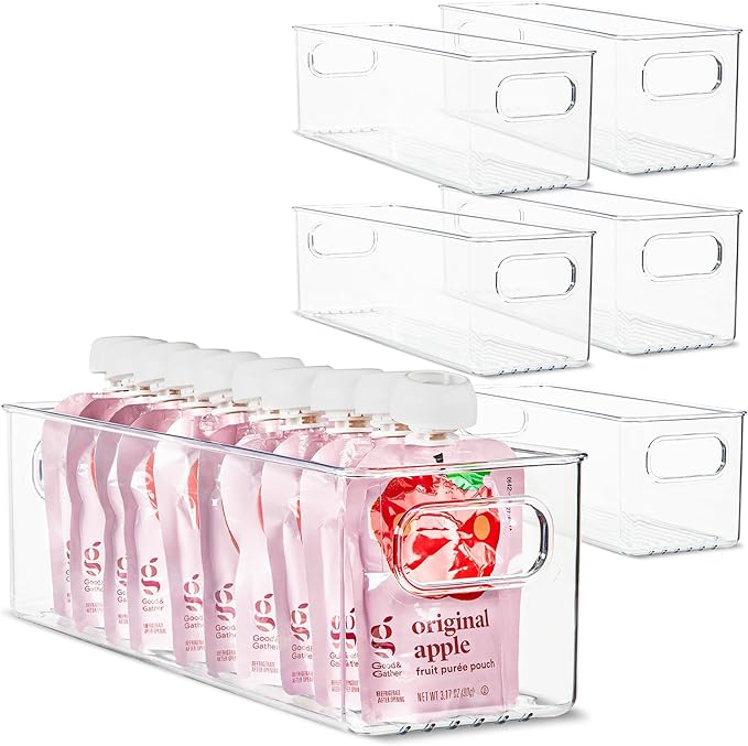 Plastic Food Storage 6 Pack Clear Container Bin with Handles for Organizing Kitchen, Pantry, Refrigerator, Freezer, Pantry, Cabinet, Closet, Bathroom. 14”x4”x4” by primebox