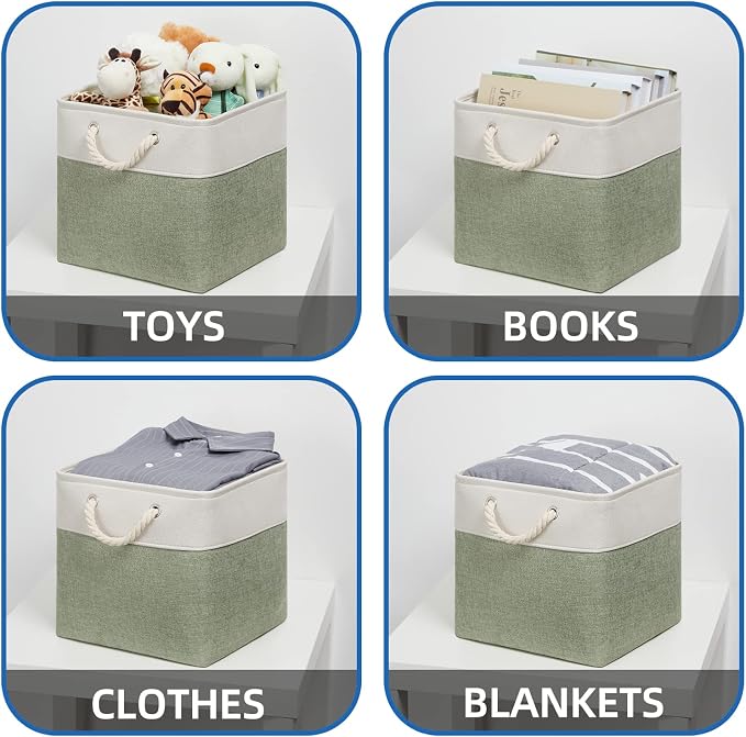 Temary Cube Storage Baskets for Shelves 12 Inch Storage Cubes 4pack Fabric Storage Baskets for Organizing Clothes, Closet Basket with Rope Handles for Home (White&Green) - Image 4