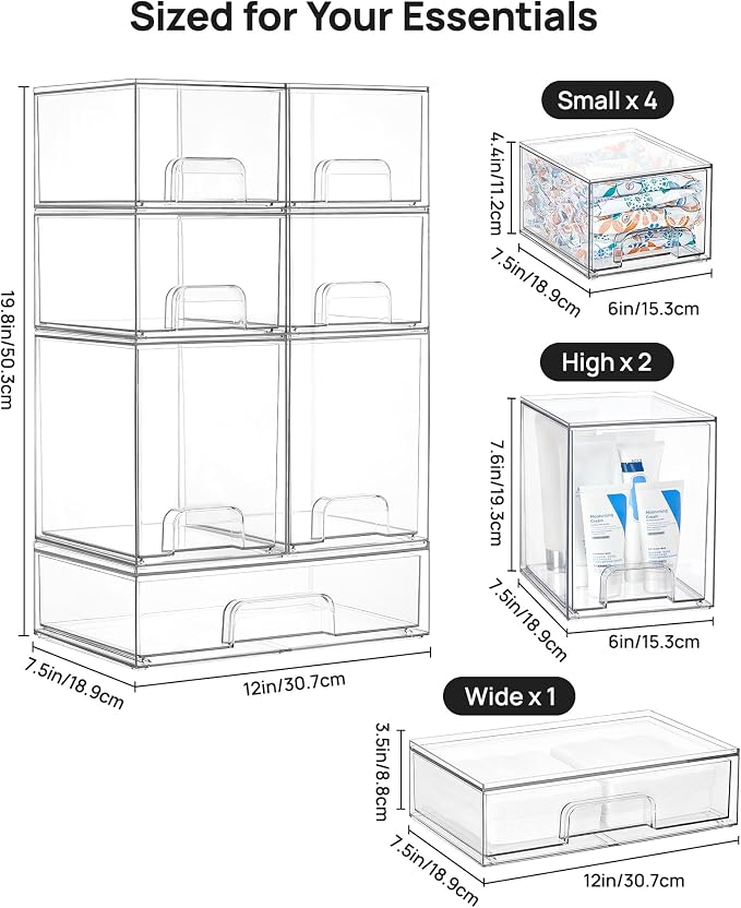 Vtopmart Clear Stackable Storage Drawers Set of 7, Plastic Organizer Bins | Multi-purpose Boxes for Baby Bottle Storage, Ideal for Kichen, Vanity, Bathroom, Undersink, Cabinet, Pantry Organization - Image 3