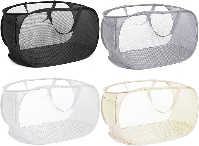 4 Pack Foldable Laundry Basket Hamper, Collapsible Laundry Baskets with Pocket, Mesh Pop Up Laundry Hamper, Clothes Hamper with Reinforced Handles for Laundry, Bathroom, Kids Room, Dorm or Travel by Bemkoo