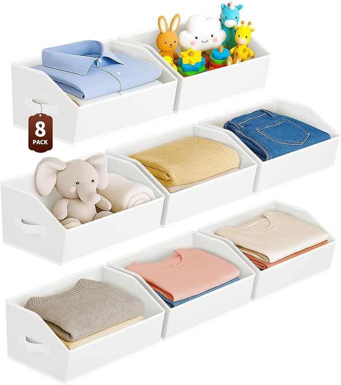 Large Closet Organizers and Storage Bins - 8 Pack Trapezoid Storage Baskets for Shelves, Foldable Fabric Baskets with Handles Ideal for Closet, Basket, Wardrobe and Shelf Storage, White by Homsorout