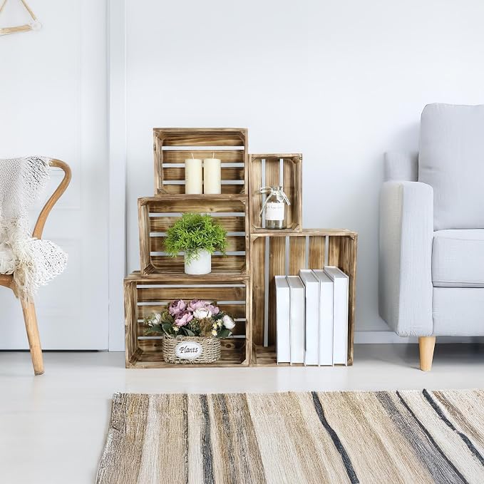 Set of 5 Large Wooden Crates, Nesting Storage Crate with Handles, Rustic Torched Brown Farmhouse Wooden Crates for Display, Wedding Birthday Home Party Living Room Kitchen Decoration - Image 6