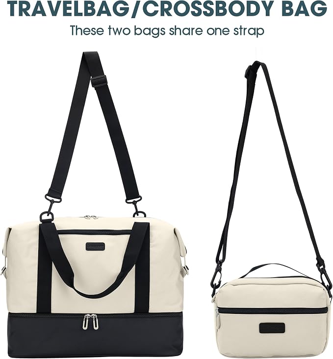Oeihuivt Weekender Bags for Women with 3 Extra Pack - 21 Inch Large Travel Duffel Bag Set with Shoe Compartment, Heavy-Duty nylon Carry On Overnight Tote Black+Beige - Image 3