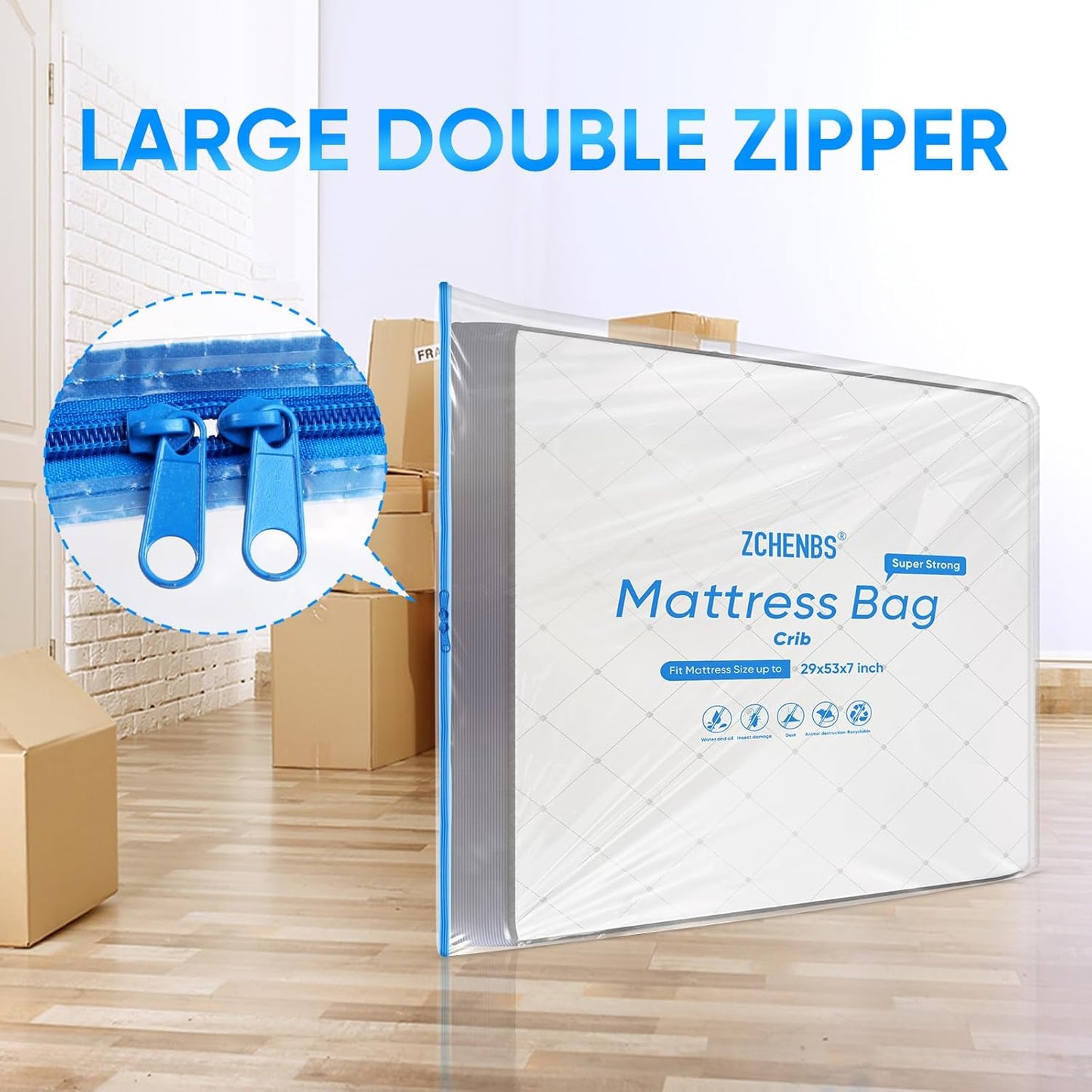 ZCHENBS® – Mattress Bags for Moving and Storage,Mattress Bag with Zippers,5 Mil Ultra-Thick Bed Bag,Waterproof,Anti-Tear,Heavy-Duty Mattress bag (Transaparent/Blue, Crib-(1 Pack))