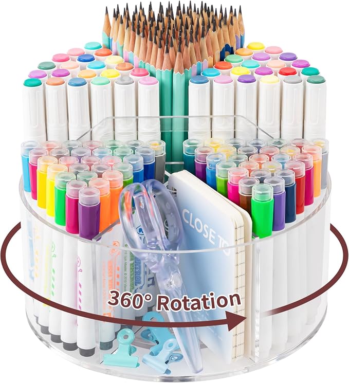 Acrylic Pen Holder Pencil Organizer, 360 Degree Rotating Pencil Holder for Desk, Marker Crayon Organizer for Kids Desk Organizer for Office School Home Art Supply Storage - Image 8