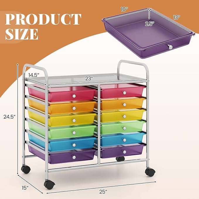 RELAX4LIFE 12-Drawer Rolling Storage Cart - Mobile Utility Cart on Wheels for School Classroom Teacher Office Salon, Paper File Art Supply Craft Organizer, Rolling Cart with Drawers (Rainbow) - Image 3