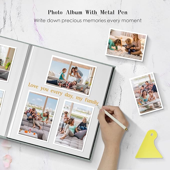 Spbapr Large Photo Album Self Adhesive Magnetic Scrapbook,DIY Scrapbook Album for 4x6 5x7 8x10 Picture,60 Pages Linen Cover Memory Book for Wedding Family Baby Pets, with Metallic Pen and Scraping - Image 5