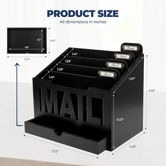 Mail Organizer Countertop, Desktop Mail Sorter with Drawer & Label Tags, BK | Bills, Letters, Envelopes & Receipts - Image 3