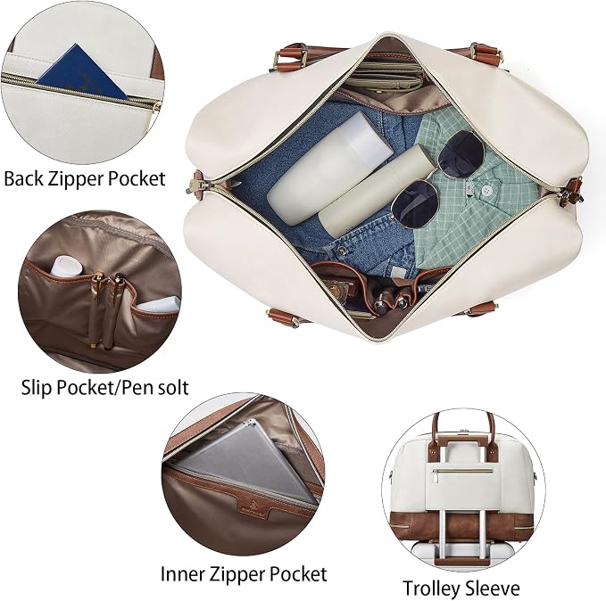 BOSTANTEN Weekender Bags for Women Travel Leather Overnight Bags | Shoe Compartment, Trolley Sleeve, Fits Under-seat, Airline-Friendly Carry-on Size, Designer, Weekend Getaways, Business Trip - Image 7