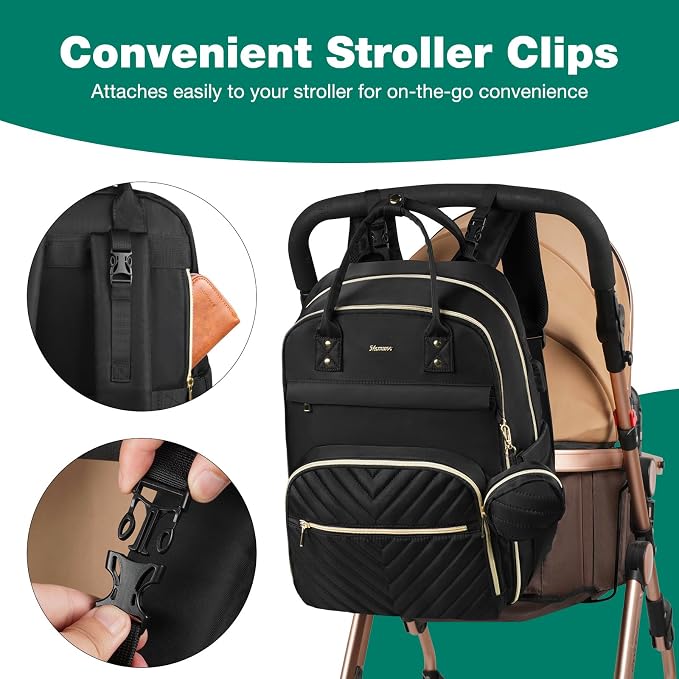 Diaper Bag Backpack, Quilted Baby Bag with Changing Pad and Stroller Straps, Dark Black - Image 5