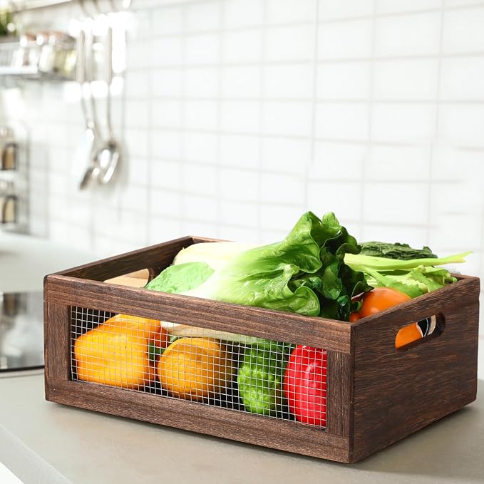 FillTouch 4 Pcs Wooden Nesting Countertop Baskets 4 Size Wooden Storage Box with Handle and Metal Wire Multipurpose Wood Organizer Crate for Fruit Vegetable Kitchen Cabinet Bathroom(Dark Brown,Large) - Image 5