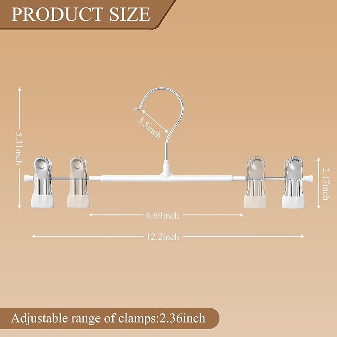 Pants Hangers with Clips Skirt Hangers 12 Inch 60 Pack, White | Non-Slip,Adjustable metal clips,Space-Saving,Heavy duty, for pants/skirt/dress/trousers/jeans/shorts/Clothes,Women,men - Image 6