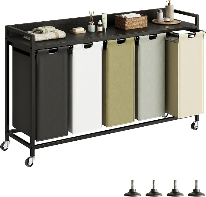 Herture Laundry Hamper with Shelf, Laundry Basket 5 Section, Laundry Sorter with Pull-Out Removable Large 5 Color Bags and Movable Wheels, Metal Frame, 5 x 15.87 Gallons (60L), Black PF08XLK by Herture