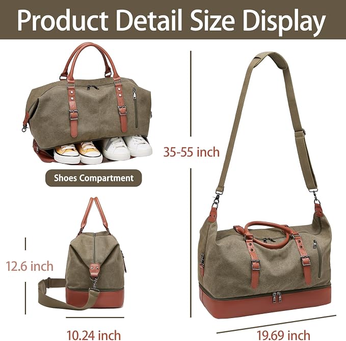 Canvas Duffle Bag for Travel, Weekender Overnight Bag for Women Men with Shoe Compartment Carry on Duffle Bags for Airplanes Gym Sport Business Bag - Image 4