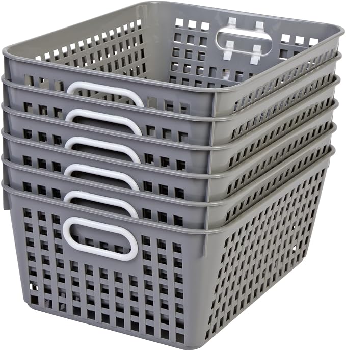 Really Good Stuff - 160016PE Multi-Purpose Plastic Storage Baskets for Classroom or Home Use - Stackable Mesh Plastic Baskets with Grip Handles 13" x 10" (Pebble - Set of 12) | Pebble, Classroom Library Organizer, Storage, Multi-Purpose Organizer Basket - Image 4