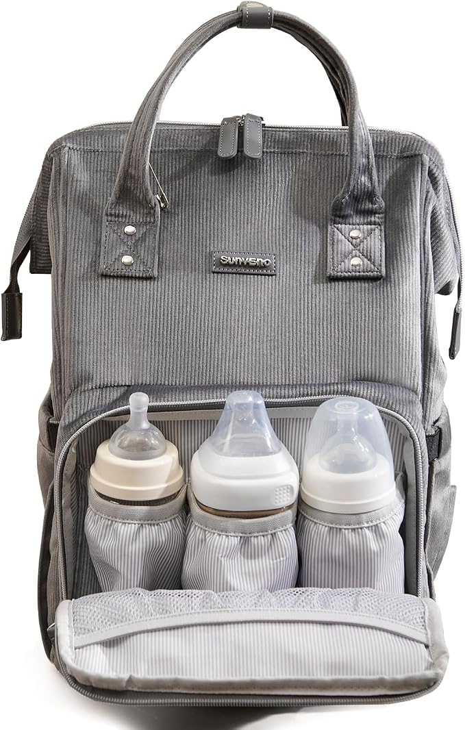 SUNVENO Velvet Stitching Diaper Bag Backpack Large Capacity Tote Shoulder Nappy Bag Organizer for Baby Care with Insulated Pockets,Waterproof Fabric, Grey - Image 7