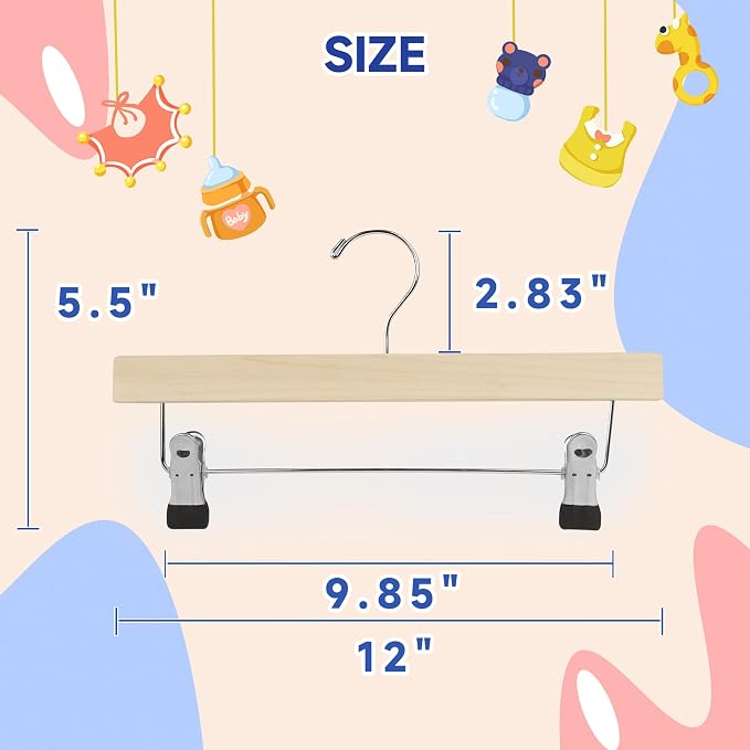 Kids Wooden Pants Hangers for Toddler & Baby Clothes, Natural, 24-Pack | Solid Wood Skirts Hangers with Adjustable Anti-Wrinkle Clips for Children's Trousers, Slacks, Jeans, 12" - Image 2