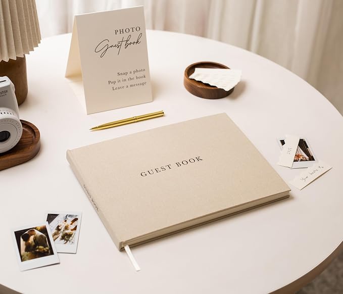 Real Linen Guest Book Set - 11.5 x 8.5 Embossed Guestbook for Weddings, Showers, Events, Blank & Lined, Comes with Sign, Pen, Box and Photo Sleeves, 120 Pages (Beige) - Image 3