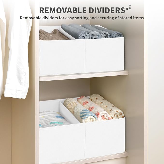 DIMJ Large Closet Shelf Organizer Bins 8 Packs with Handles and Divider, Fabric Trapezoid Storage Baskets, Foldable Clothes Containers Box for Shelf, Towel, Book, Toy, Purse, Hats, White - Image 3