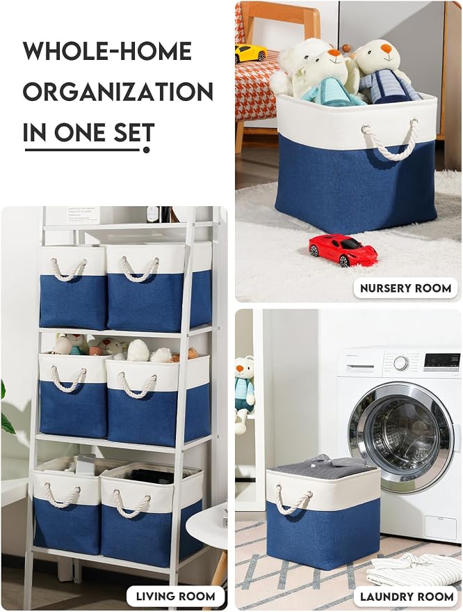 Temary Cube Storage Baskets 11x11, Set of 6 Decorative Fabric Bins with Metal Frame Around the Top Rim, Sturdy Collapsible Organizers for Closet, Office (White & Dark Blue) - Image 6
