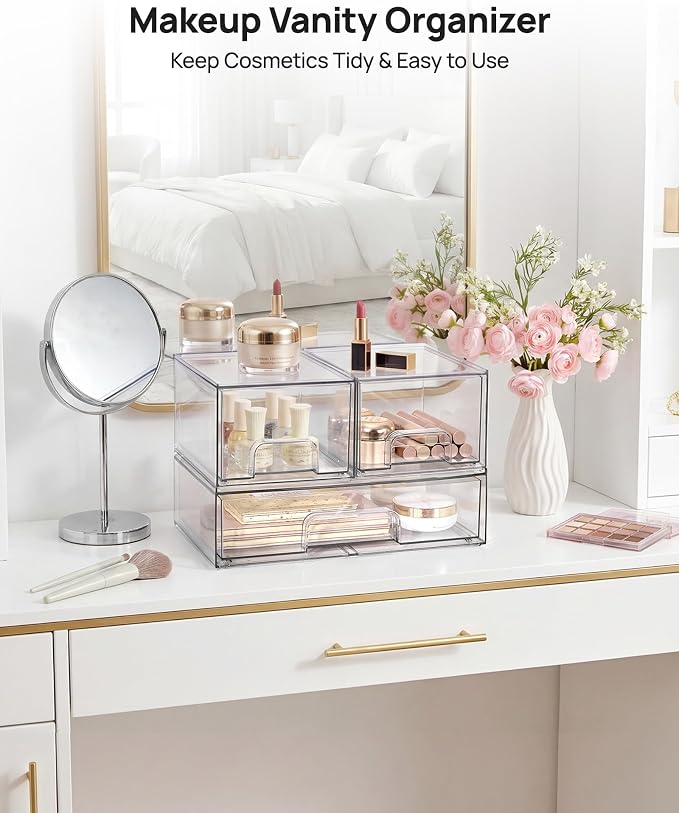 Vtopmart Clear Stackable Storage Drawers Set of 4, Plastic Organizer Bins | Multi-purpose Boxes for Bathroom Accessories, Beauty Supplies, Ideal for Cabinet, Shelf, Pantry, Laundry Room Organization - Image 4