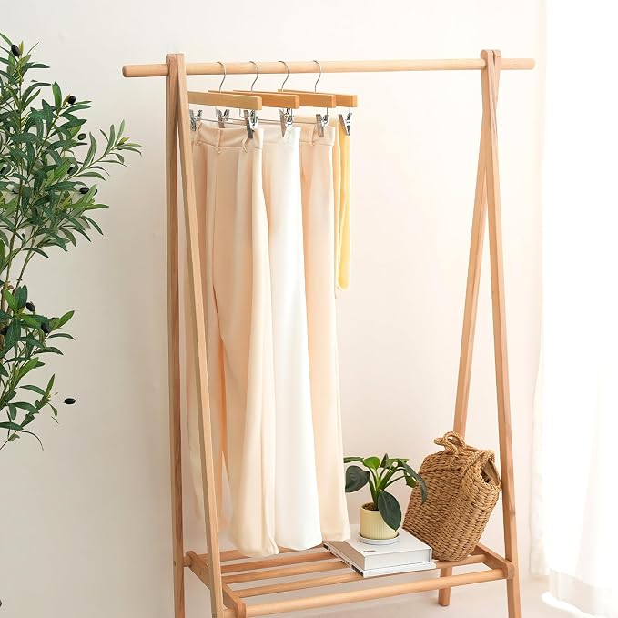BAGAIL 20 Pack Wooden Pants Hangers with Adjustable Clips, 360°Swivel Hook Space Saving Skirt Holders with Anti-Rust Clips for Trousers, Jeans, Shorts (Natural) - Image 6