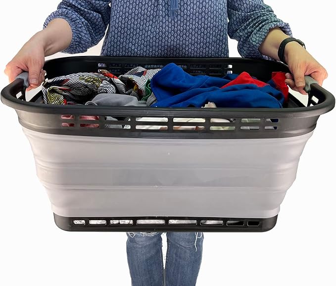 SAMMART 42L (11 gallons) Collapsible Plastic Laundry Basket - Portable Pop Up Storage Container/Organizer - Portable Hamper - Space Saving Easy Storage (Black/Frost Grey (Set of 2)) - Image 6