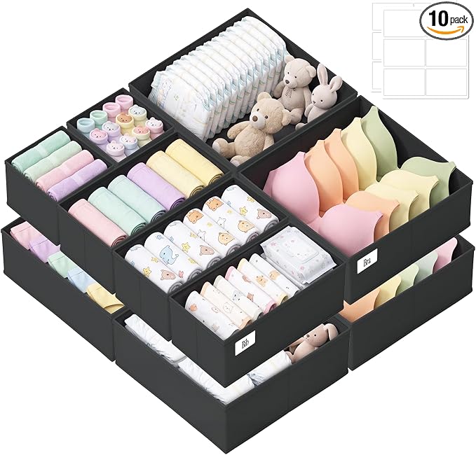 Drawer Organizer Clothes 10 Pack Washable Fabric Closet Storage Bins Flat Bottom Board Dresser Dividers for Bedroom Wardrobe Nursery Clothes Socks Underwear Bins, Black by SIXDOVE