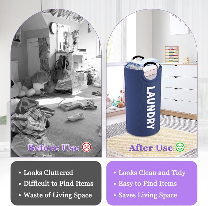 95L Collapsible Laundry Baskets for Boy, Big Clothes Hampers with Handles, Stand-alone Laundry Bin, Portable Dirty Clothes Basket for Bathroom, Camping, Navy Blue - Image 6