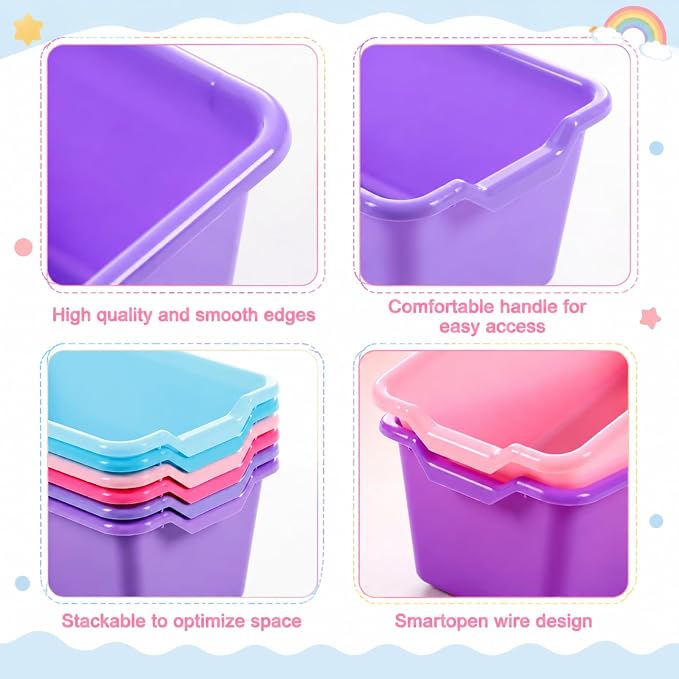 Funrous 12 Pack Book Bins for Classroom Library Plastic Cubby Storage Bins with Labels and Handles Stackable Toy Organizer Containers for Teacher Supplies Home Office Daycare Playroom (Purple Pastel) - Image 3
