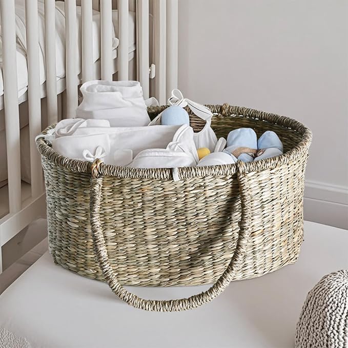 Premium Wicker Baby Diaper Caddy Organizer, Woven Seagrass Basket with Handles, Diaper Basket with Dividers (Seagrass) - Image 6