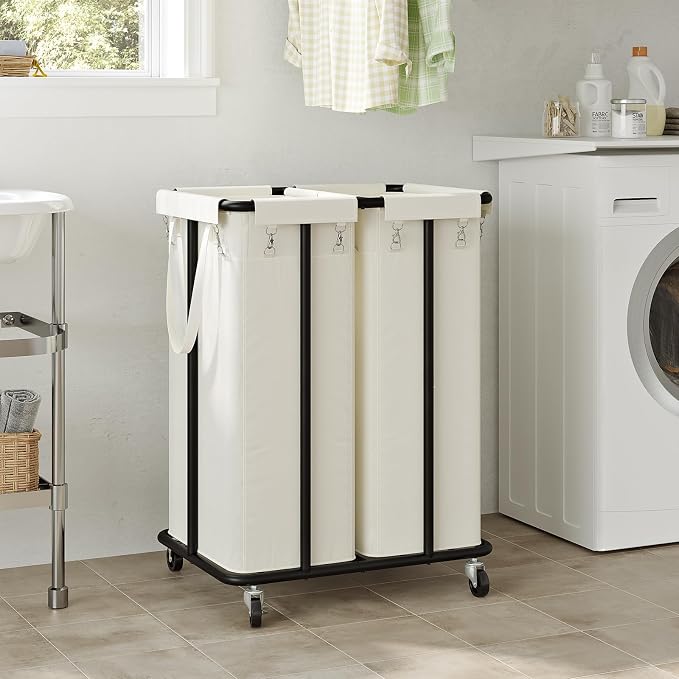 WOWLIVE Double Laundry Hamper with Wheels, 170L Rolling Laundry Basket | 2 Section Laundry Hamper, Laundry Cart with Steel Frame, Removable Bags, Large Dirty Clothes Hamper Dorm Room Storage, Beige - Image 2