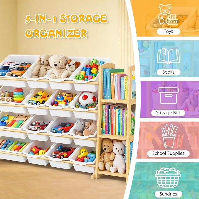 Kids Toy Storage Organizer with Bookshelf – Wooden Shelf with 16 Bins & 3 Shelves, Quick Assembly Storage Rack for Playroom, Bedroom, Nursery - White - Image 6