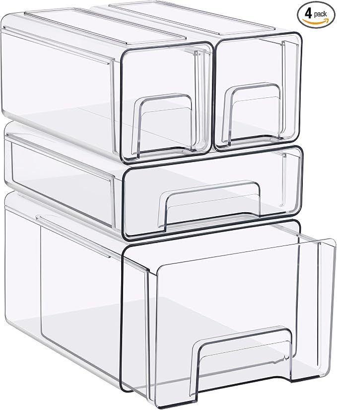 Sorbus Clear Stackable Storage Drawers (1 Large + 1 Medium + 2 Small) | Plastic medicine-cabinet bins with handles and pull-out access for bathrooms, closets, pantries and baby bottles. by Sorbus