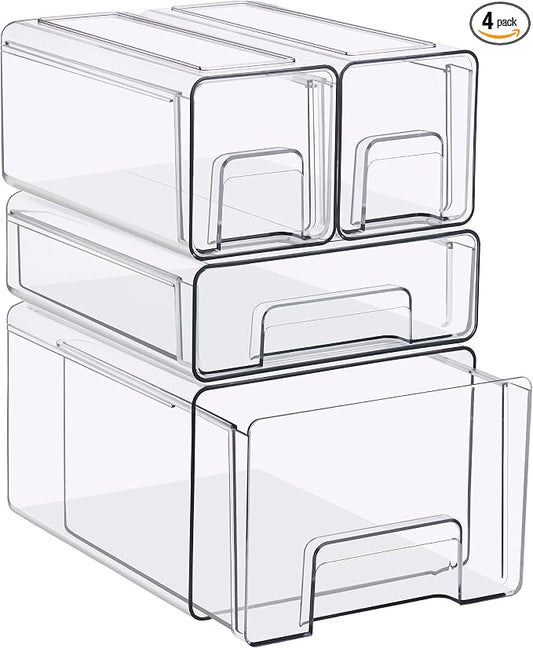 Sorbus Clear Stackable Storage Drawers (1 Large + 1 Medium + 2 Small) | Plastic medicine-cabinet bins with handles and pull-out access for bathrooms, closets, pantries and baby bottles. by Sorbus