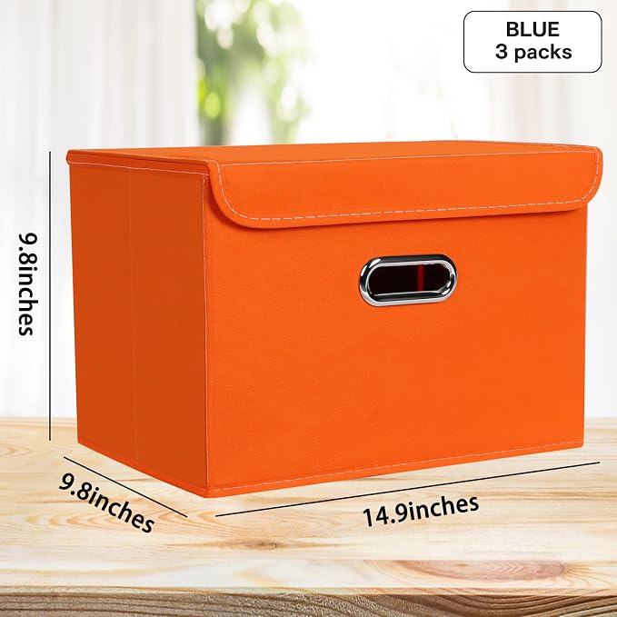 Linen Fabric Foldable Collapsible Storage Cube Bin Organizer Basket Fabric Storage Bins with Lid, Leather Handles, Removable Divider for Home, Closet, Orange - Image 2