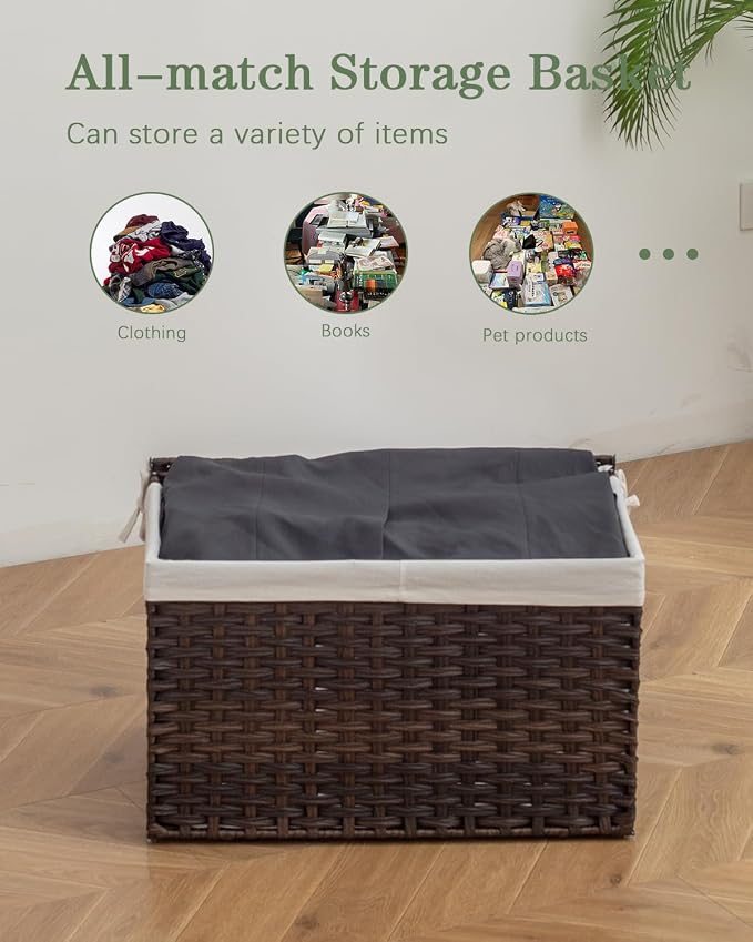 SETVSON Storage Basket with Lid, 2-Lid PE Rattan Storage Bin, Brown | 65L Storage Bin with 2 Separate Lids, 2 Removable Liners with Divider for Clothes & Blankets, Sturdy Frame, Brown - Image 5