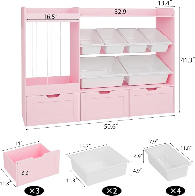 VontinT 50.6" W Wooden Toy Organizer with Stuffed Storage & Bins & Drawers | Large Storage Cabinet with 6 Plastic Bins, 3 Rolling Drawers, 140L Stuffed Animal Zoo, Toddler Shelf for Kids Playroom, Pink - Image 2