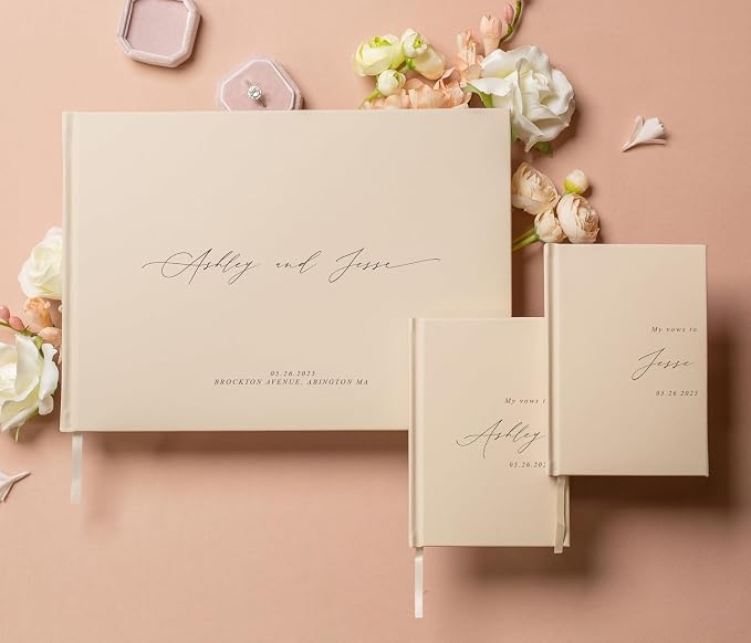 Personalized Wedding Book Set with Guestbook Vow Books (Design 1) - Custom Large 11.5 x 8.5 Guest Signin Book, 5.75 x 4 Vow Books for Marriage Ceremony Reception, Gift for Engaged Couple, Oats by ModernAlbumDesigns