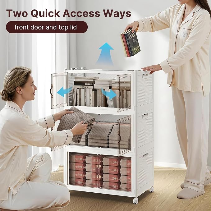 Stackable Storage Bins with Lids, 330QT Lockable Storage Cabinet | Closet Organizers, Foldable Storage Box with Doors and Wheels, Plastic Drawers for Home, Garage, Office (3, White, Plus) - Image 4