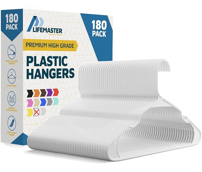 Plastic Clothes Hangers – Heavy Duty Hanger Set, for Organizing Clothes, Dresses, and Coats, Holds Up to 5 lbs, Space-Saving Hangers with Non-Slip Shoulder Grooves, Pack of 180, White by LIFEMASTER