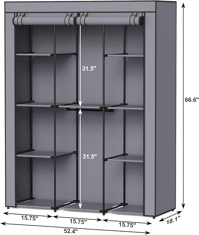 Portable Closet, Wardrobe Closet with 10 Storage Shelves and 2 Hanging Rods, Non-Woven Fabric Cover, 52.4 x 18.1 x 66.6 Inches Closet Organizer for Bedroom, Gray - Image 6