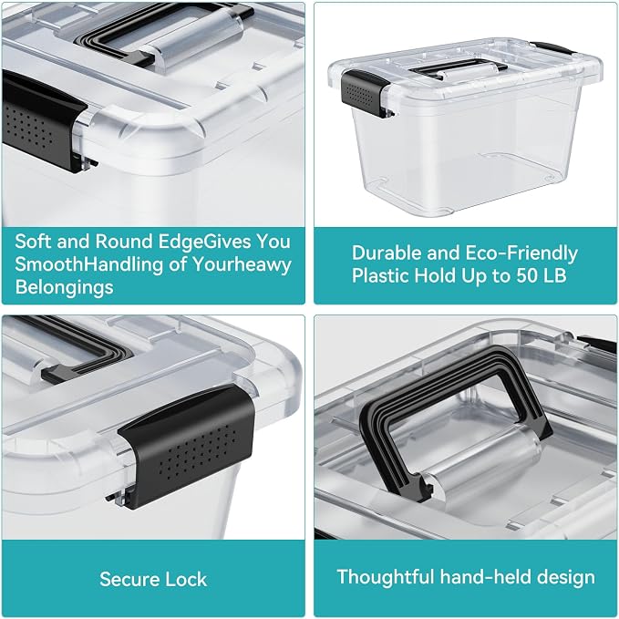 Nazhura Plastic Storage Bin, Stackable and Nestable Storage Boxes with White Lids and Secure Latching Buckles, Large Storage Container (CLEAR, 6QT 12PACK) - Image 3