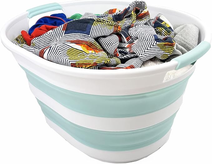 SAMMART 23L (6 Gallons) Collapsible Plastic Laundry Basket - Oval Tub/Basket - Foldable Storage Container/Organizer - Portable Washing Tub - Space Saving Laundry Hamper (White/Lake Green) - Image 6