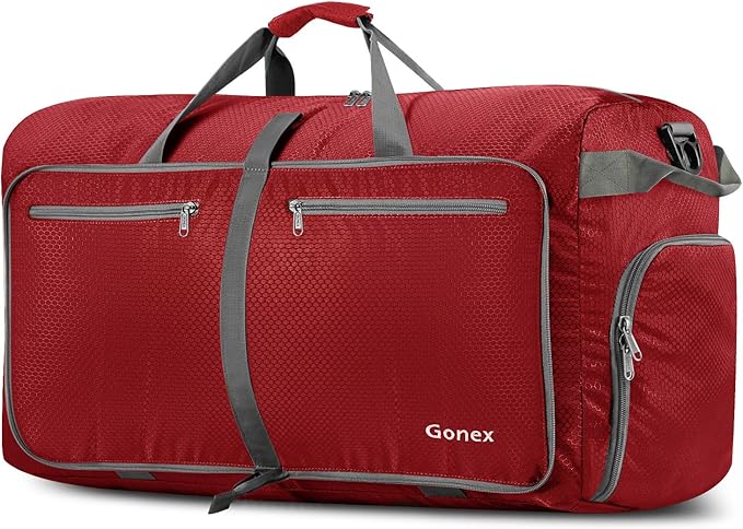 Gonex 80L Foldable Travel Duffle Bag with Shoe Compartment, Lightweight | 210D Nylon, Water-Repellent, Folds Compact, Multiple Pockets, Luggage Sleeve, Weekend Trips & Camping, Red by Gonex