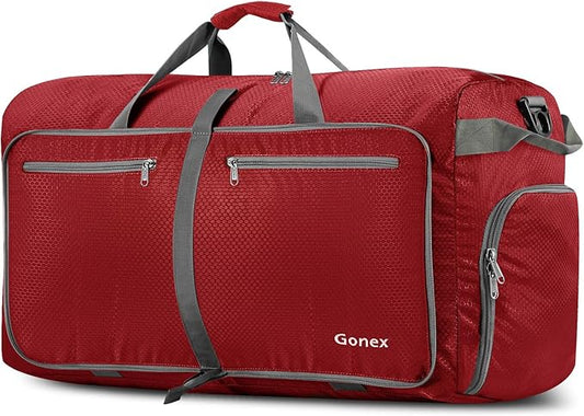 Gonex 80L Foldable Travel Duffle Bag with Shoe Compartment, Lightweight | 210D Nylon, Water-Repellent, Folds Compact, Multiple Pockets, Luggage Sleeve, Weekend Trips & Camping, Red by Gonex