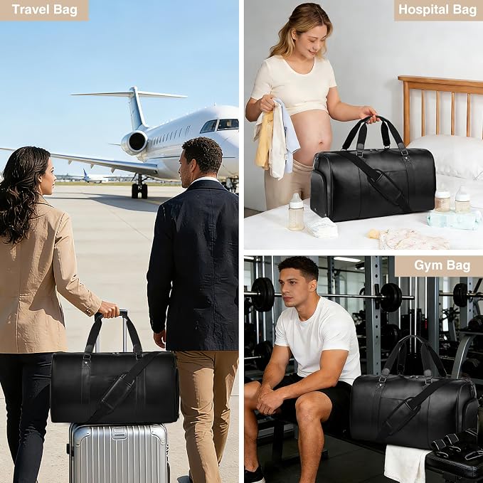 Large 3-in-1 Leather Duffle Bag for Travel Weekender Overnight Hospital Gym Bag for Men & Women, Carry On Airline Approved Personal Item Duffel Garment Bag Luggage with Shoe Compartment & Toiletry Bag - Image 9
